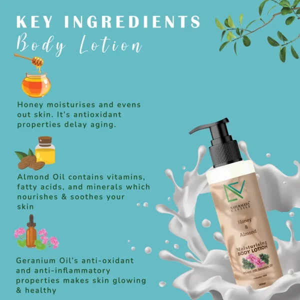 natural-organic-honey-almond-body-lotion key-ingredients-honey-almond-oil-geranium-oil-naturalezacastile